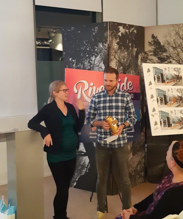 Executive Director Jennifer lay awarding the 2018 Marketing Award to David Watson owner of Eastbound Brewing and BIA Board Member